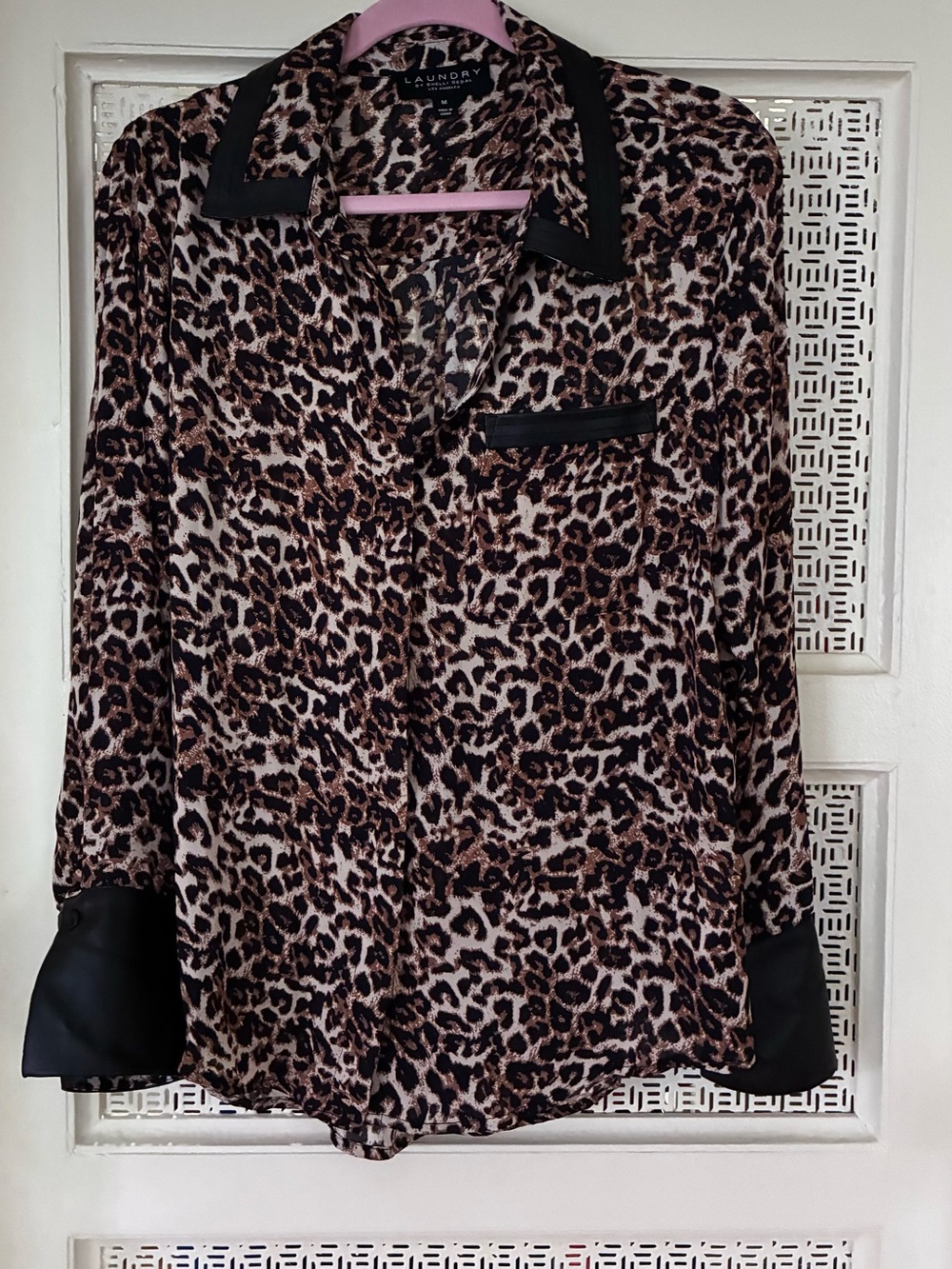 Laundry By Shelli Segal Leopard Print Satin Shirt in Brown and Black